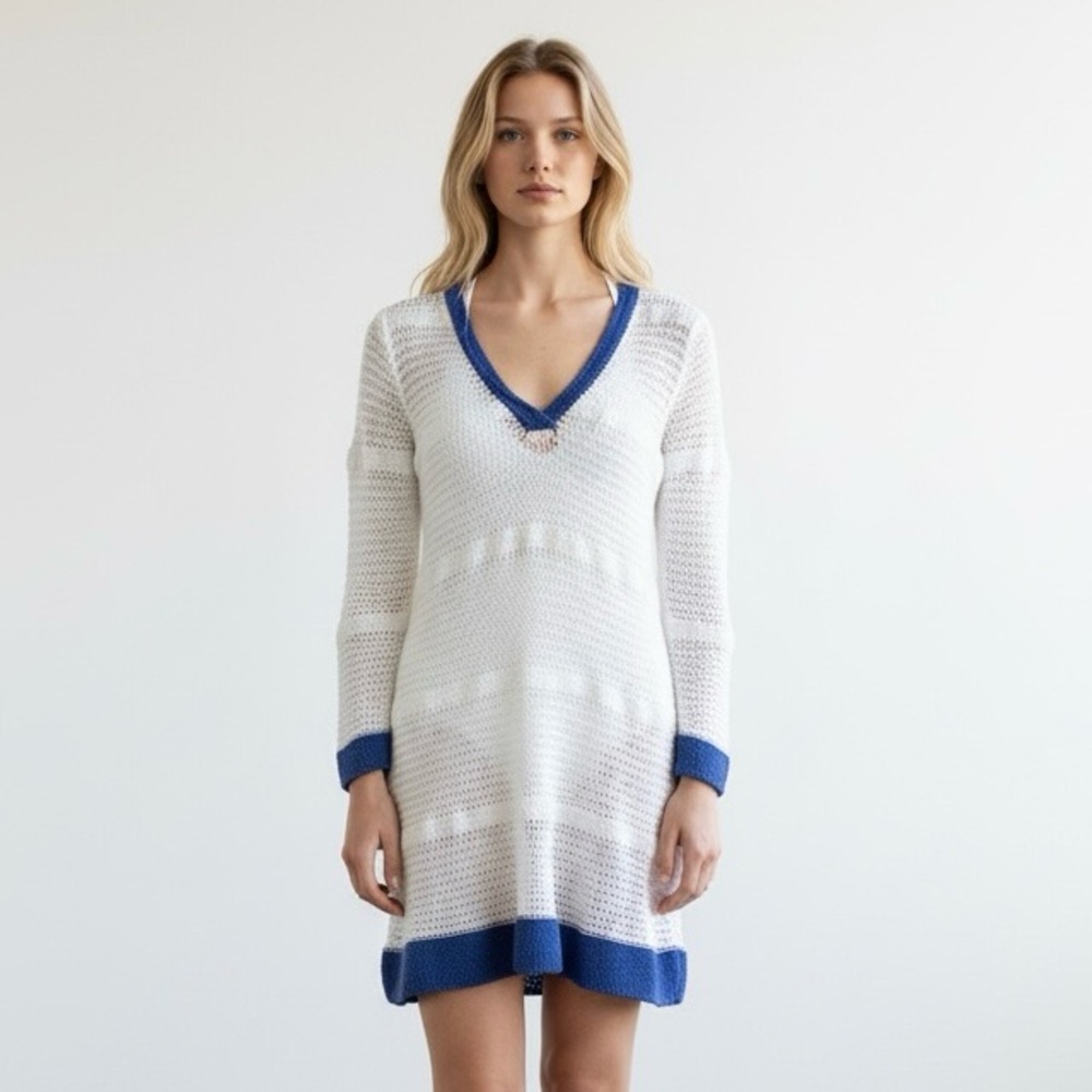 Tommy Bahama White with Blue Trim Linen Blend Swimsuit Sweater Dress Cover-Up